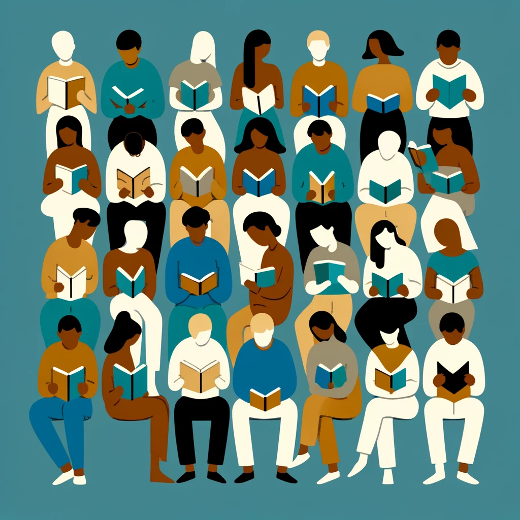 Minimalist depiction of diverse people reading.