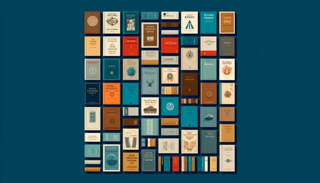 Collage of diverse book covers in minimalist style.