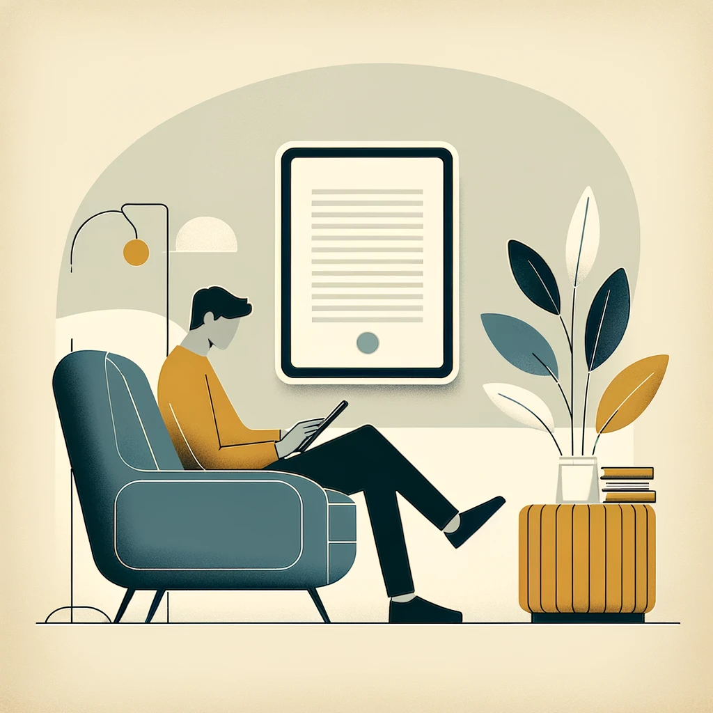 "Minimalist illustration of a person sitting in an armchair, reading from a tablet in a simplified living room setting.